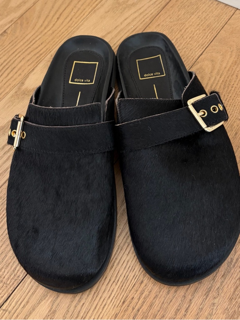 Brand new Dolce Vita Black Calfhair Slip-On Mules with Gold Buckles - Picture 4 of 9
